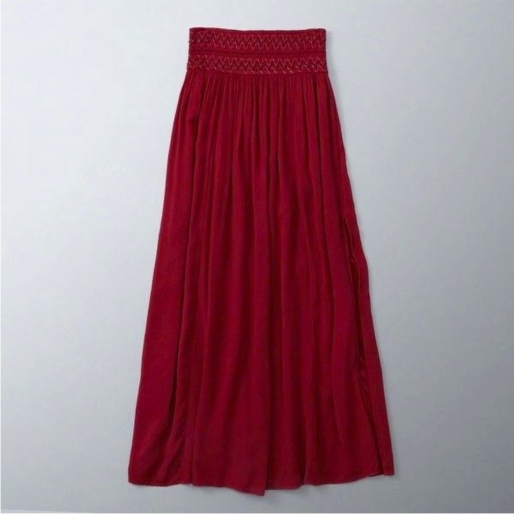 Abercrombie & Fitch | Boho Smocked Embroidered Waist Split Side Red Midi skirt